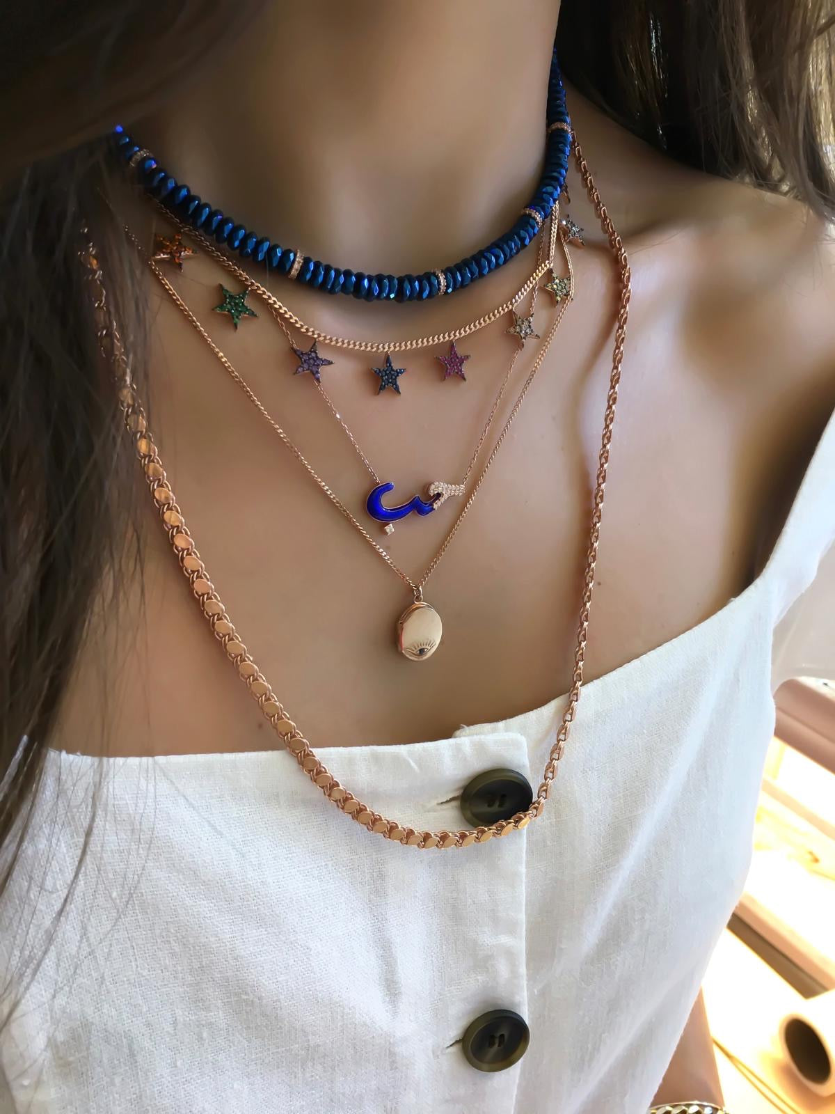 Dark Blue Enameled with Stones in Arabic Necklace