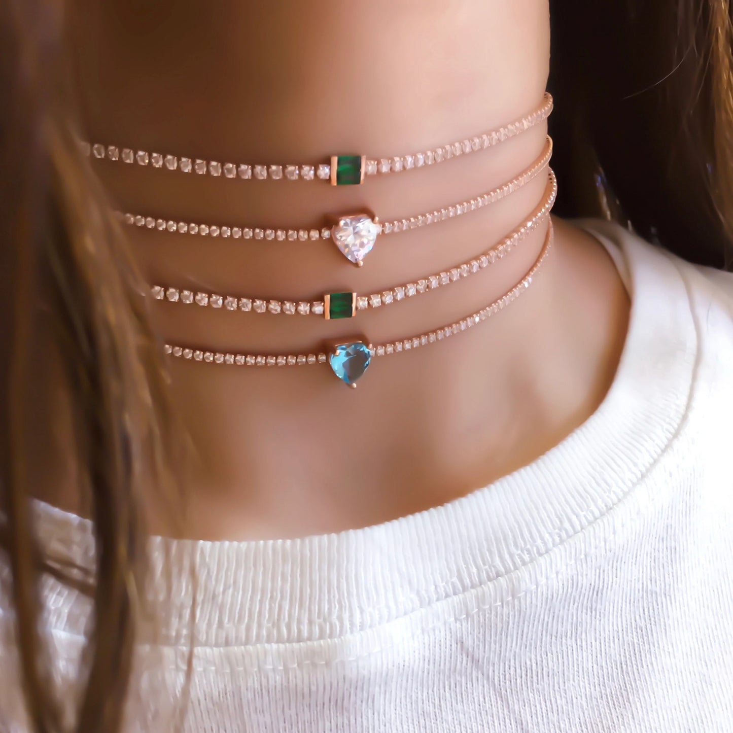 Aqua Marin Heart Tennis Choker Necklace
