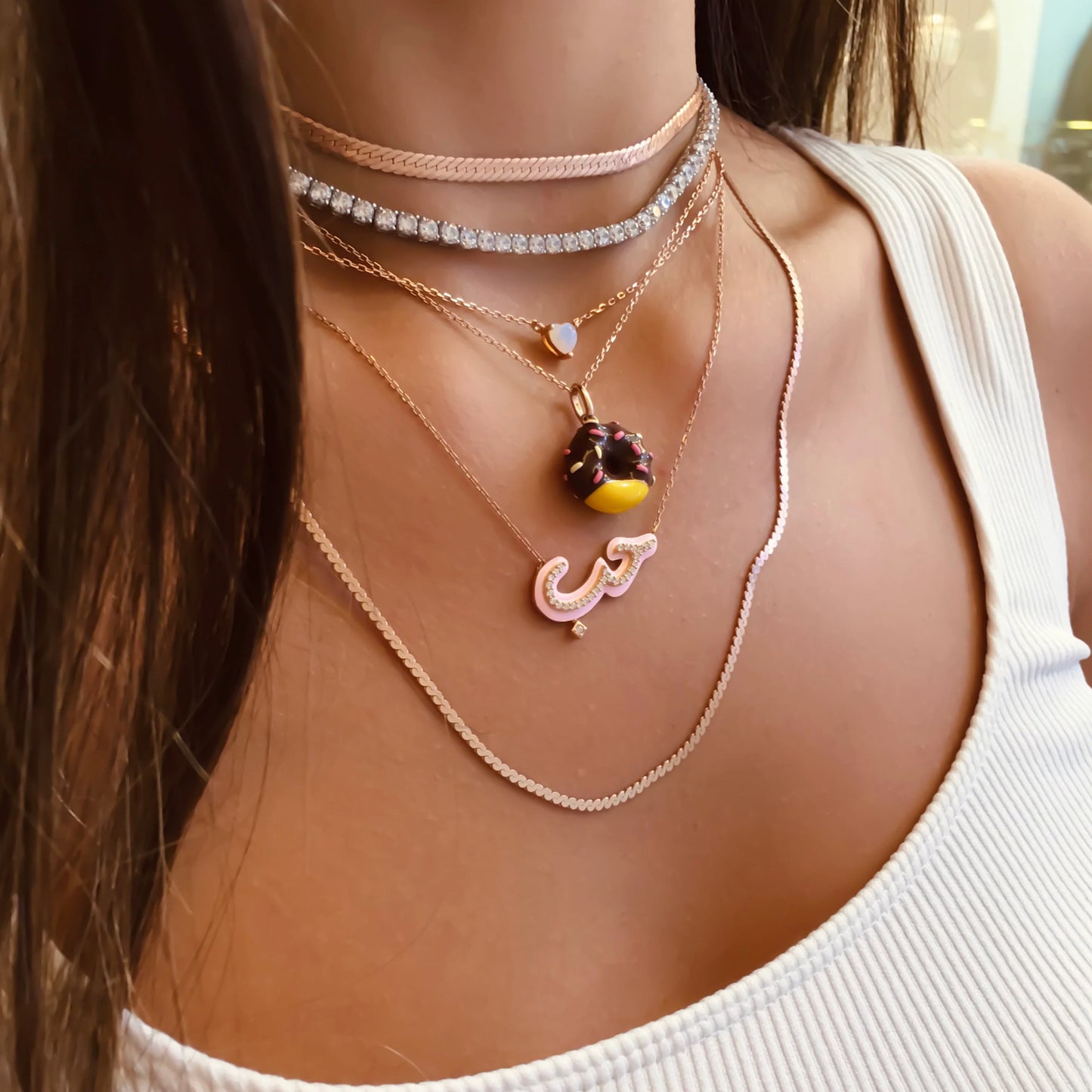 Pink Enameled Houb Necklace