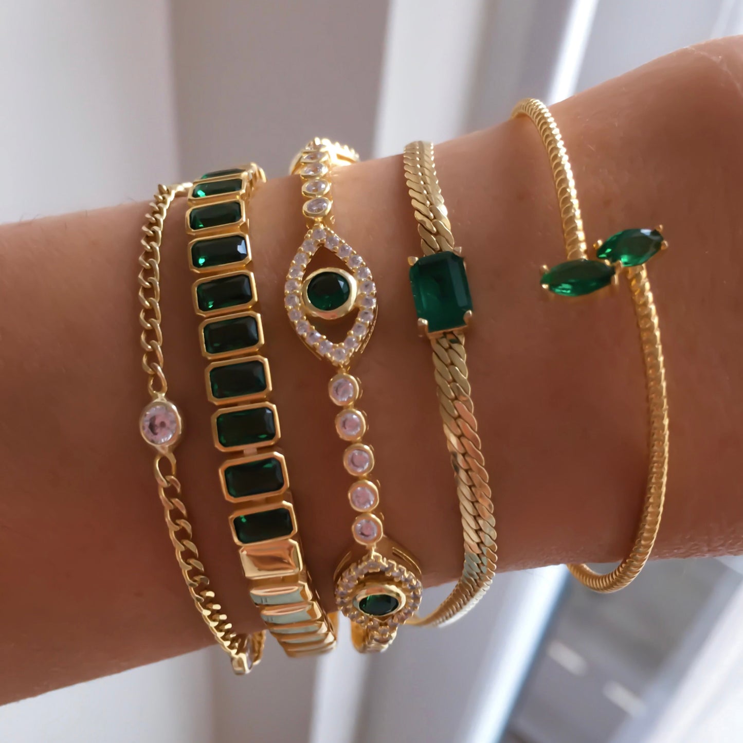 Snake Chain Green Baguette Bracelet