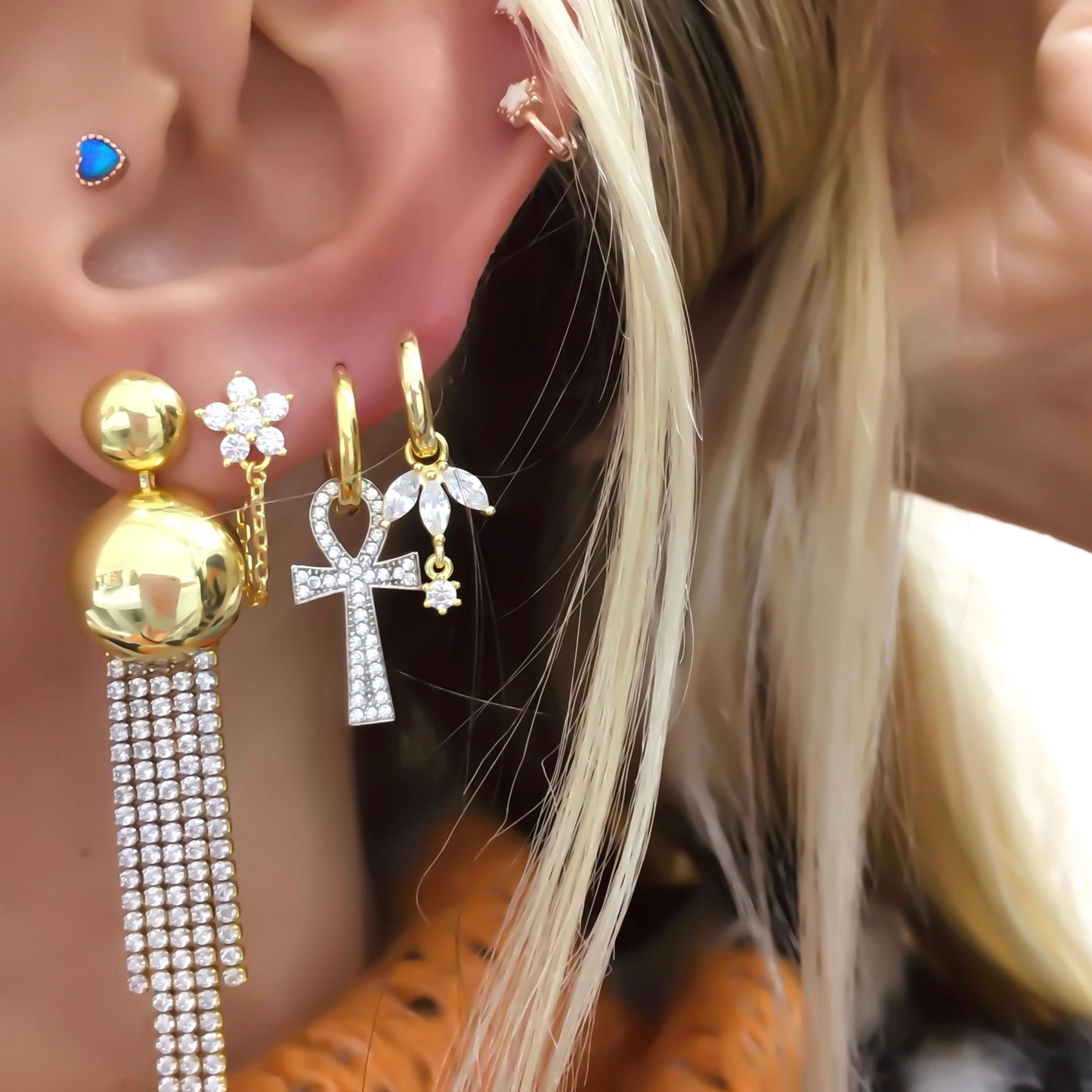 Two Color Gemstone Ankh Earring