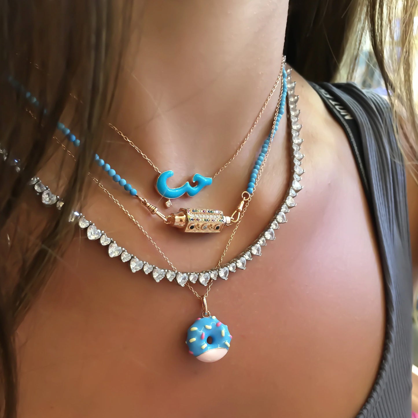 Blue Enameled Love In Arabic Necklace